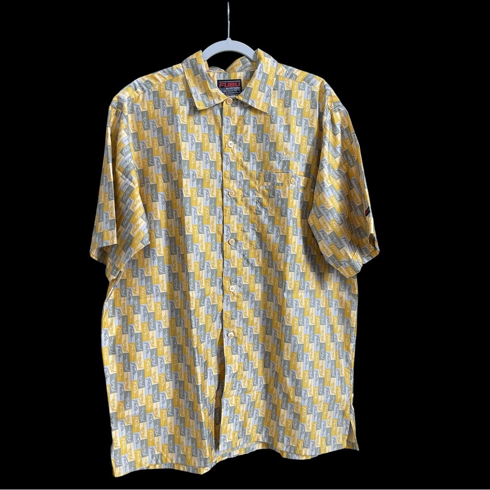 FUBU Y2K Allover Logo Geo Print Shirt Large Yellow Gray Retro Streetwear